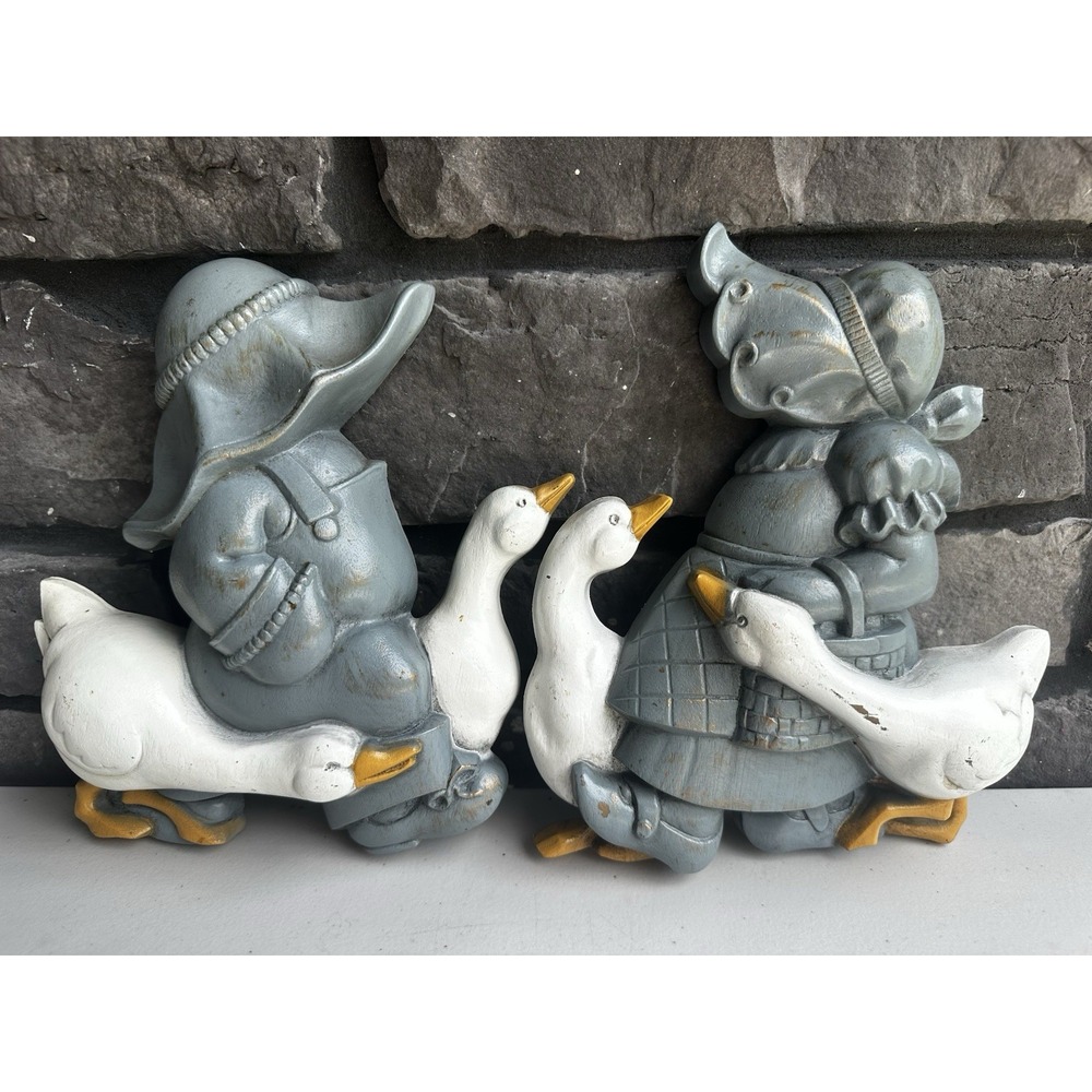 Burwood Boy & Girl With Goose Geese 3D Wall Plaque Set Made USA 1988 Vintage